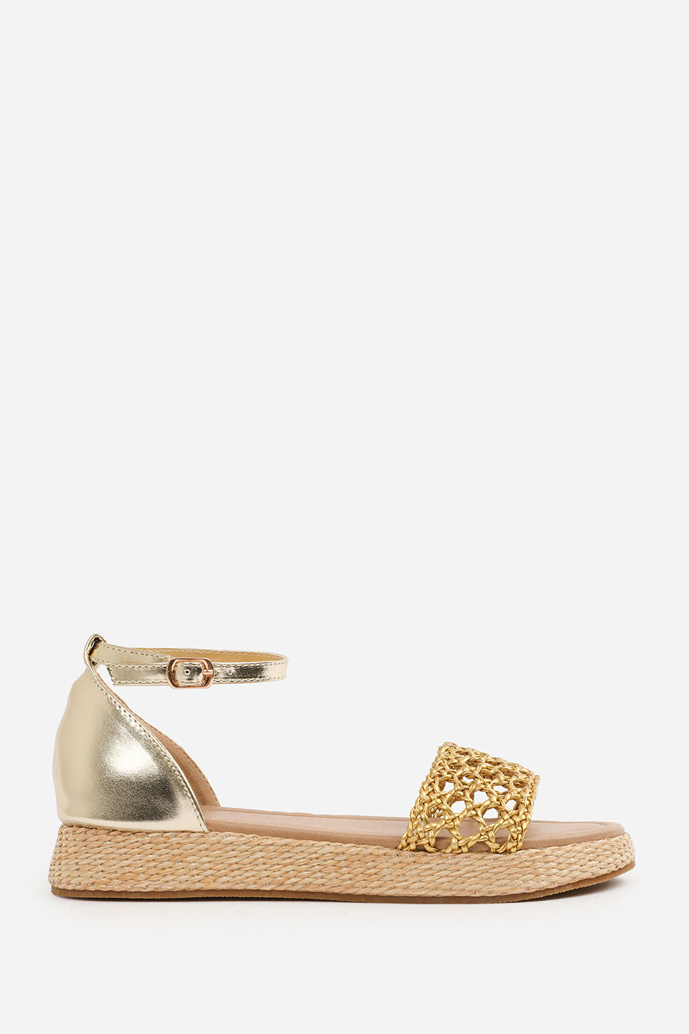 SHIA BRAIDED STRAP ESPADRILLE FLATFORM  WITH BUCKLE ANKLE STRAP IN GOLD METALLIC