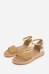 SHIA BRAIDED STRAP ESPADRILLE FLATFORM  WITH BUCKLE ANKLE STRAP IN GOLD METALLIC