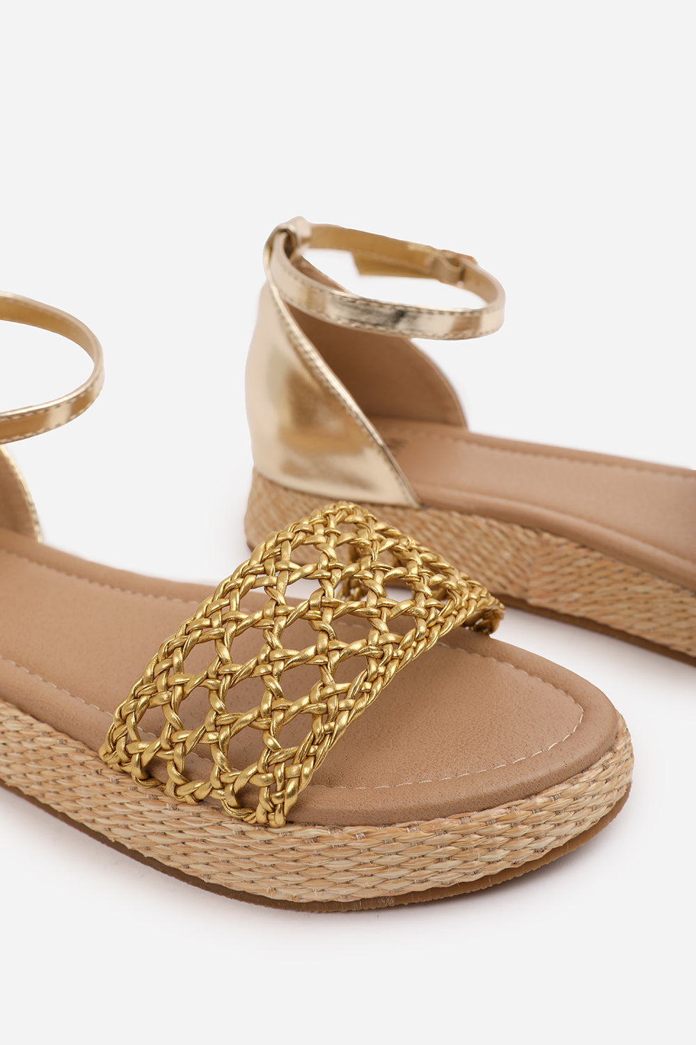 SHIA BRAIDED STRAP ESPADRILLE FLATFORM  WITH BUCKLE ANKLE STRAP IN GOLD METALLIC