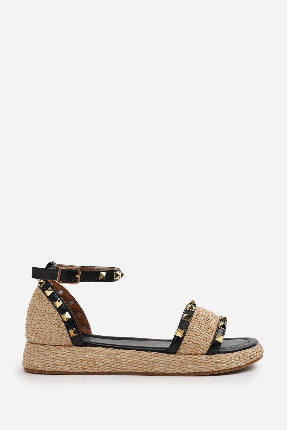 AVIVA WIDE FIT STUDDED GLADIATOR BRAIDED STRAP ESPADRILLE FLATFORM  IN BLACK FAUX LEATHER