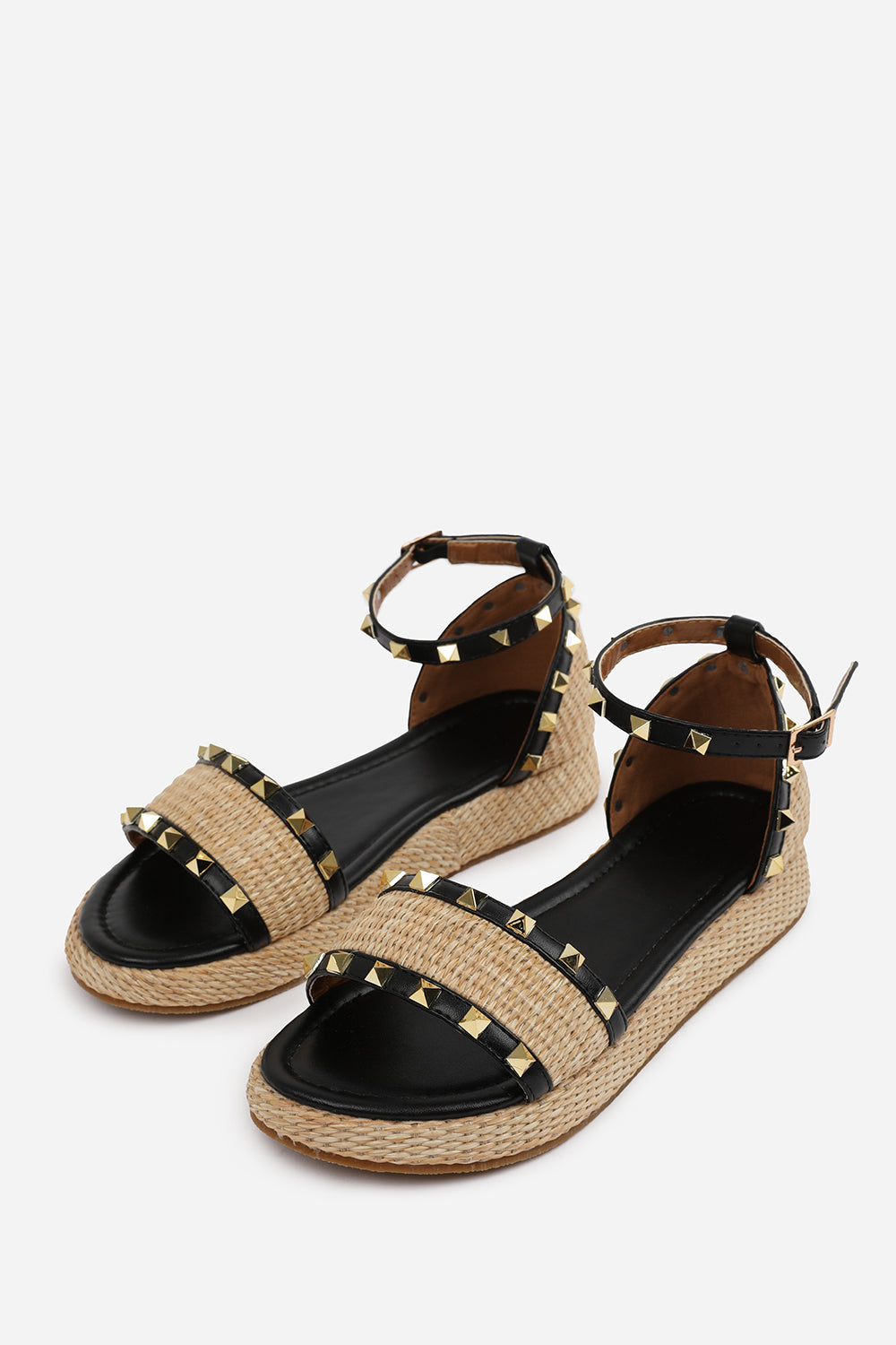 AVIVA STUDDED GLADIATOR BRAIDED STRAP ESPADRILLE FLATFORM  IN BLACK FAUX LEATHER