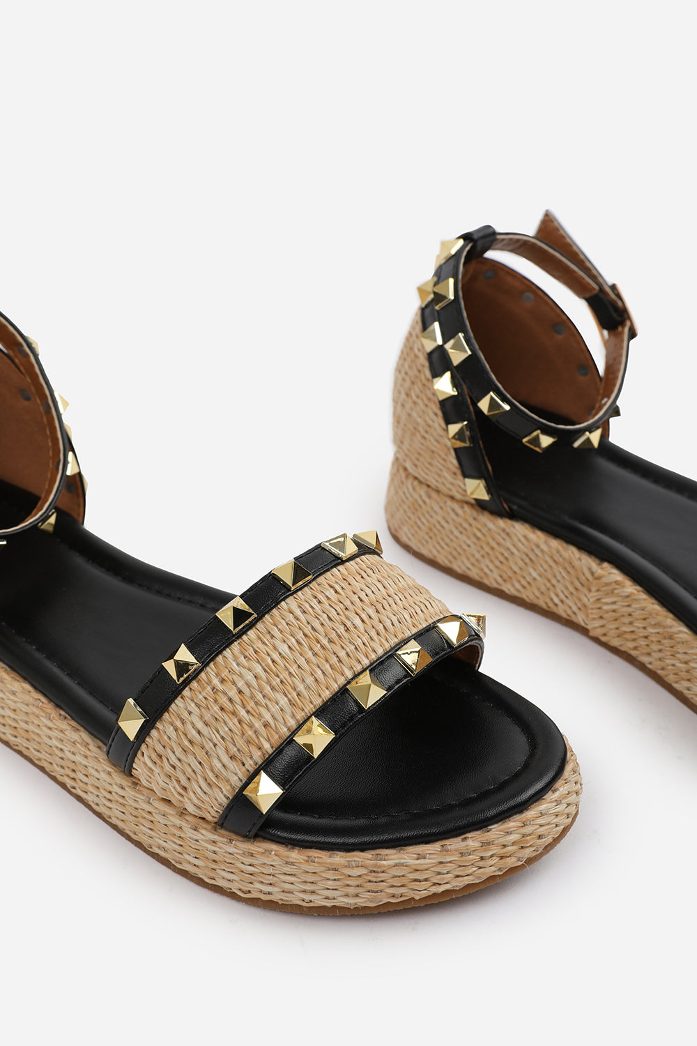 AVIVA STUDDED GLADIATOR BRAIDED STRAP ESPADRILLE FLATFORM  IN BLACK FAUX LEATHER