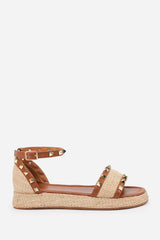 AVIVA WIDE FIT STUDDED GLADIATOR BRAIDED STRAP ESPADRILLE FLATFORM  IN TAN FAUX LEATHER