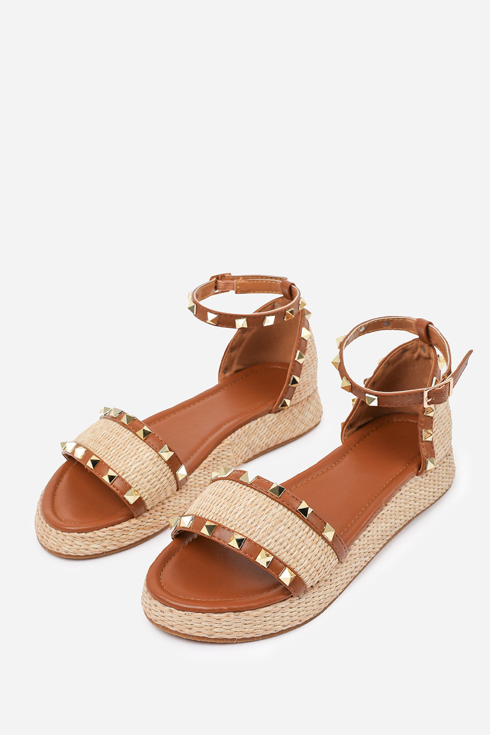 AVIVA WIDE FIT STUDDED GLADIATOR BRAIDED STRAP ESPADRILLE FLATFORM  IN TAN FAUX LEATHER