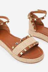 AVIVA WIDE FIT STUDDED GLADIATOR BRAIDED STRAP ESPADRILLE FLATFORM  IN TAN FAUX LEATHER