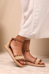 AVIVA WIDE FIT STUDDED GLADIATOR BRAIDED STRAP ESPADRILLE FLATFORM  IN TAN FAUX LEATHER