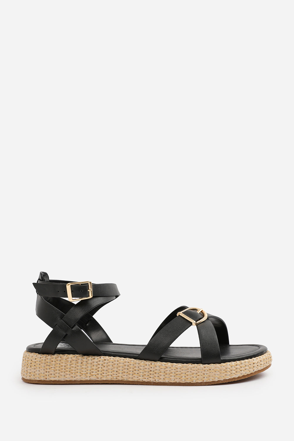 ALORA WIDE FIT CROSS OVER BUCKLE STRAP SANDALS IN BLACK FAUX LEATHER