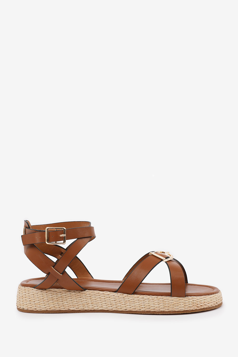 ALORA CROSS OVER BUCKLE STRAP SANDALS IN TAN FAUX LEATHER