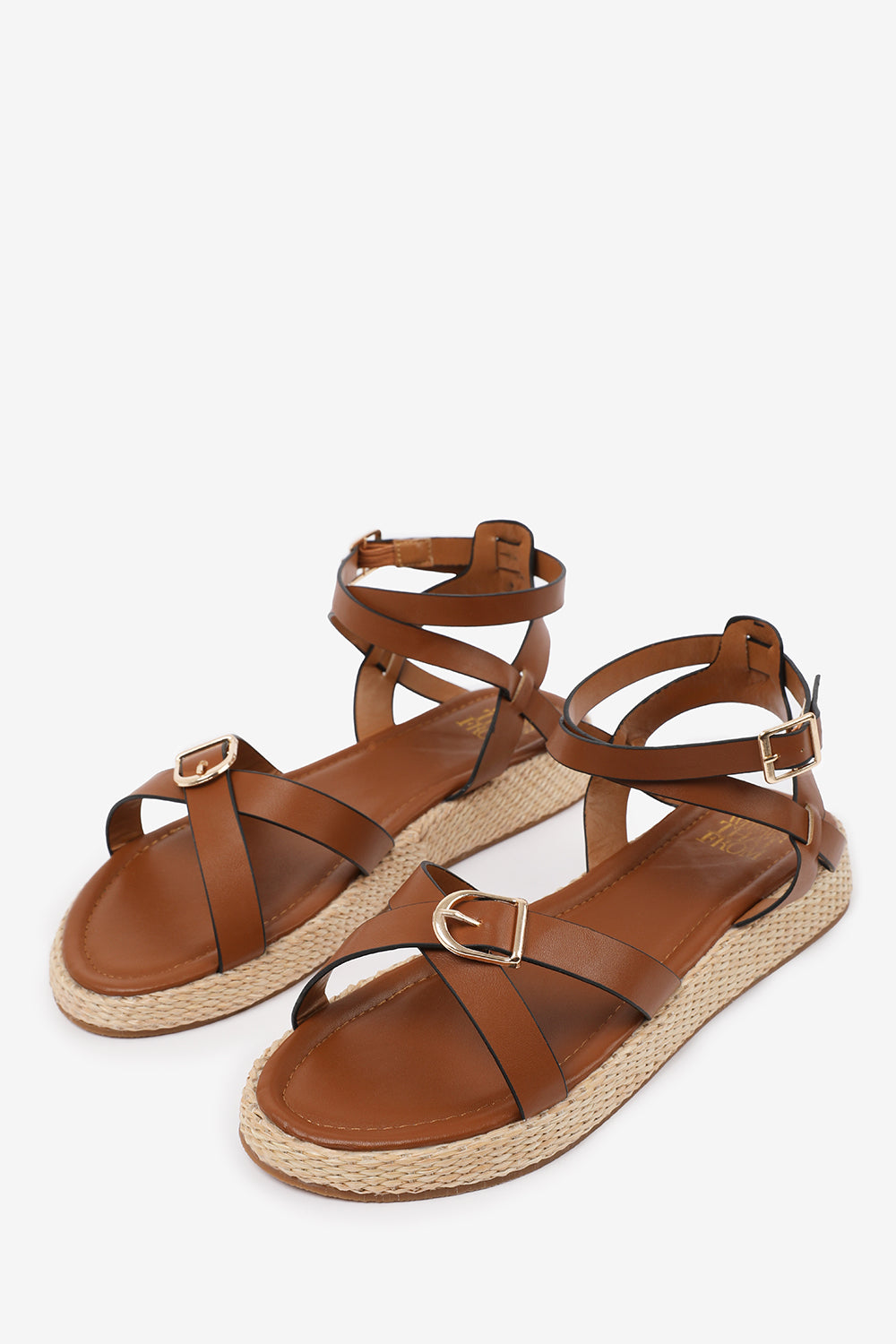 ALORA WIDE FIT CROSS OVER BUCKLE STRAP SANDALS IN TAN FAUX LEATHER