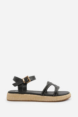 SOFIA FLATFORM SANDAL WITH STYLISH CUT STRAP DETAIL IN BLACK FAUX LEATHER