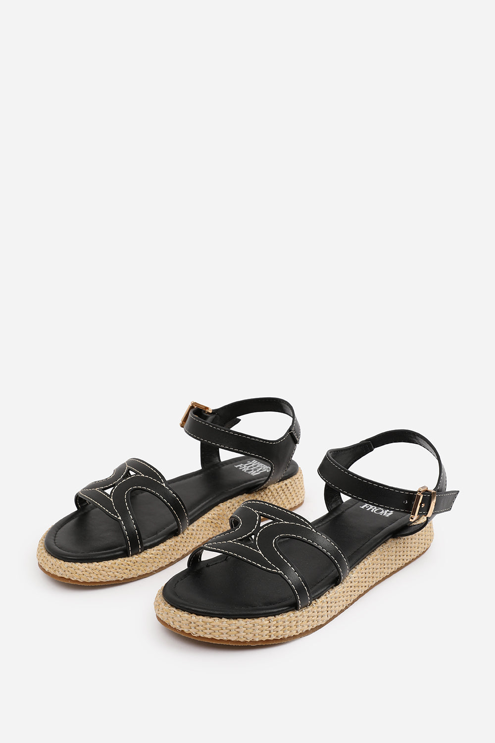 SOFIA FLATFORM SANDAL WITH STYLISH CUT STRAP DETAIL IN BLACK FAUX LEATHER