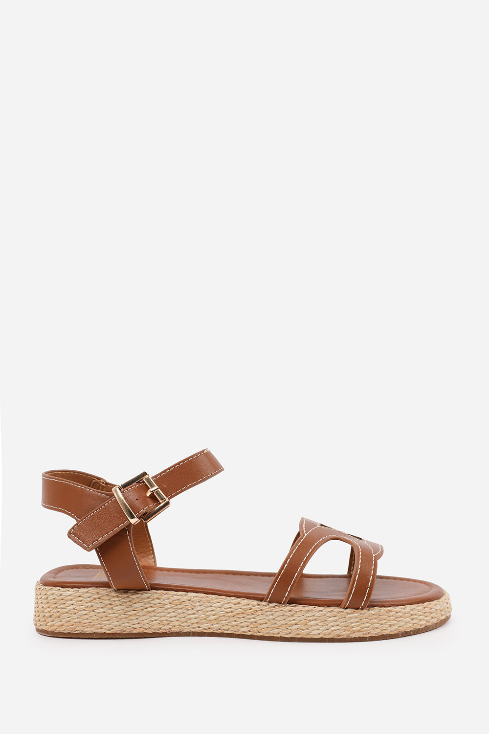 SOFIA WIDE FIT FLATFORM SANDAL WITH STYLISH CUT STRAP DETAIL IN TAN FAUX LEATHER