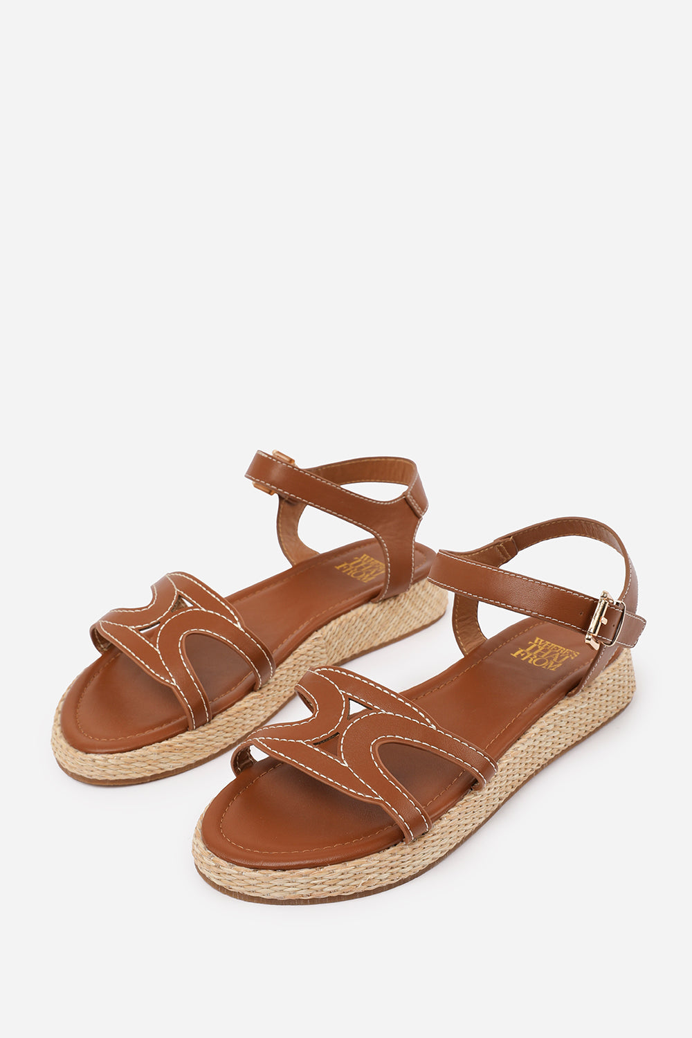 SOFIA WIDE FIT FLATFORM SANDAL WITH STYLISH CUT STRAP DETAIL IN TAN FAUX LEATHER