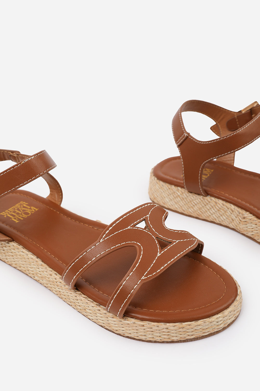 SOFIA WIDE FIT FLATFORM SANDAL WITH STYLISH CUT STRAP DETAIL IN TAN FAUX LEATHER