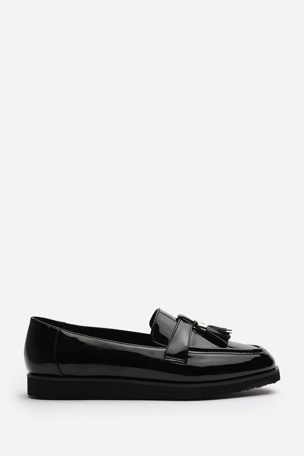 Kennedy Wide Fit Tasseled Loafers in Black Patent Finish