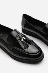 Kennedy Wide Fit Tasseled Loafers in Black Patent Finish