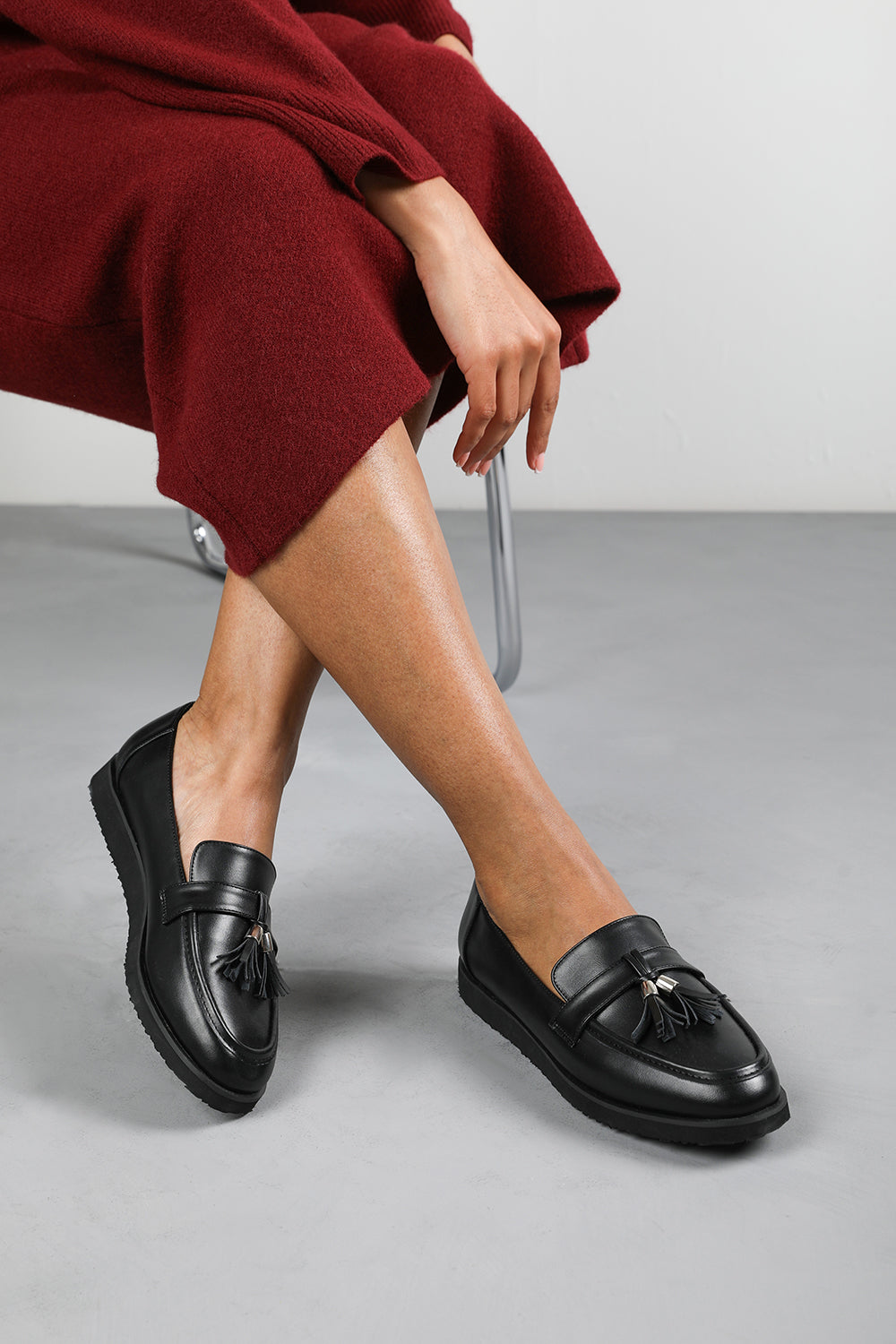 Kennedy Extra Wide Fit Tasseled Loafers in Black Faux Leather