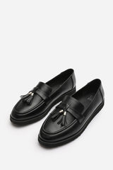Kennedy Wide Fit Tasseled Loafers in Black Faux Leather