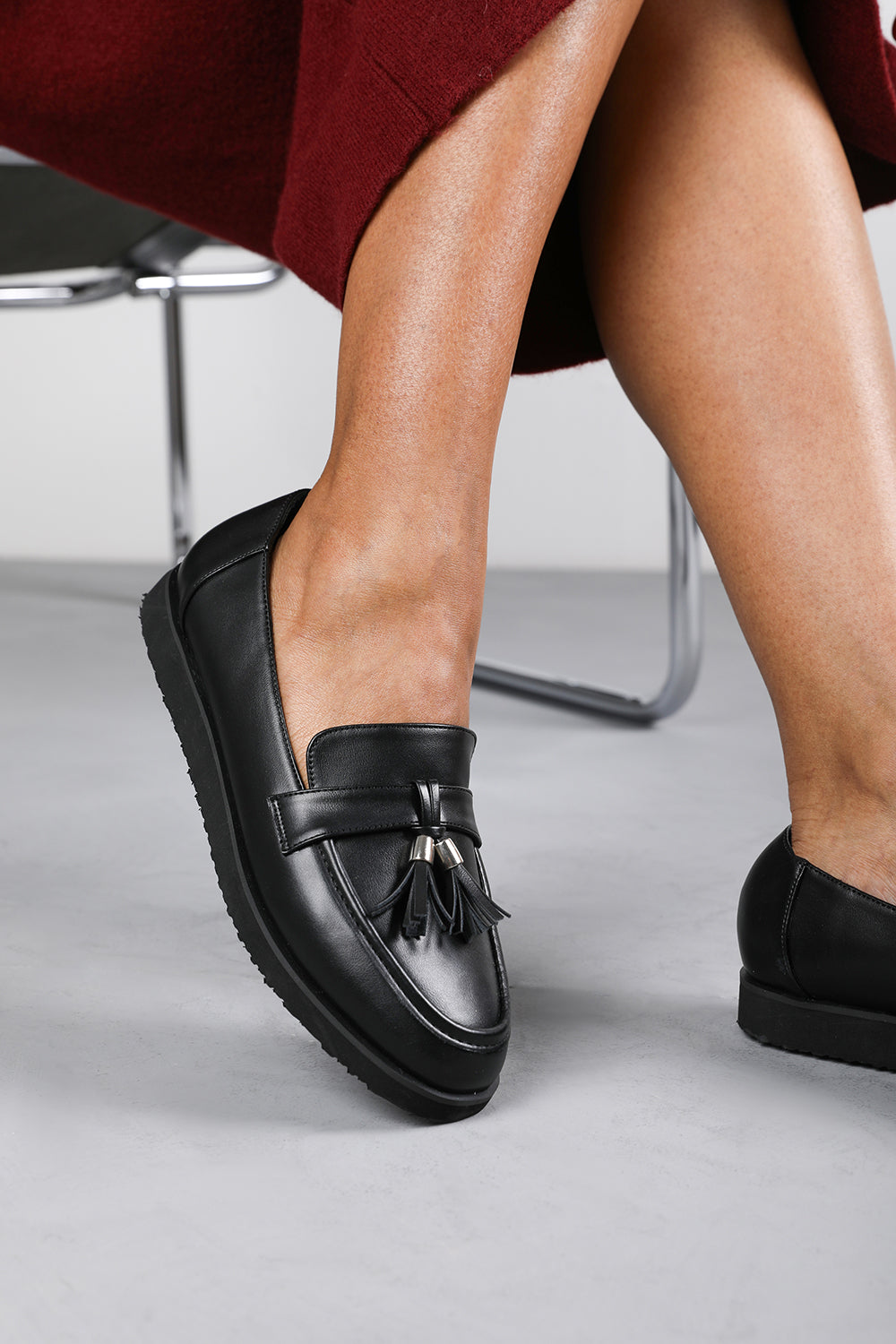 Kennedy Wide Fit Tasseled Loafers in Black Faux Leather
