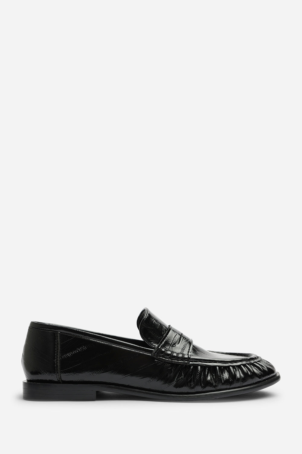 Charleigh Wide Fit Ruched Detail Flat Penny Loafers in Black Eel