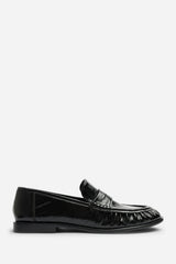 Charleigh Wide Fit Ruched Detail Flat Penny Loafers in Black Eel
