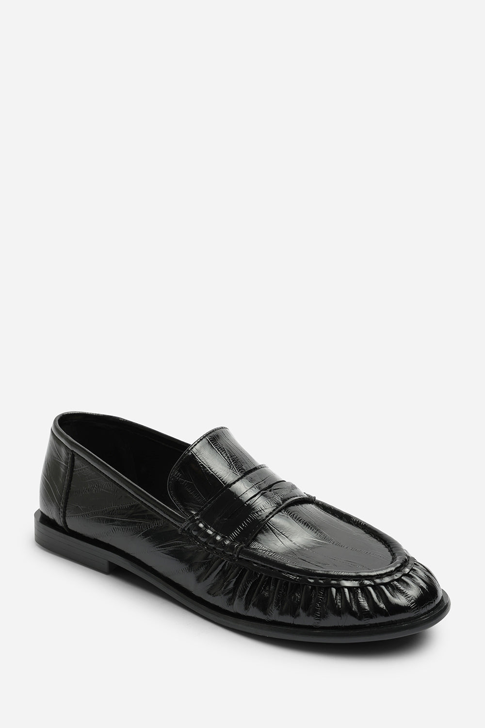 Charleigh Wide Fit Ruched Detail Flat Penny Loafers in Black Eel