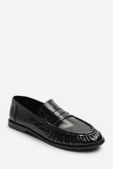 Charleigh Wide Fit Ruched Detail Flat Penny Loafers in Black Eel