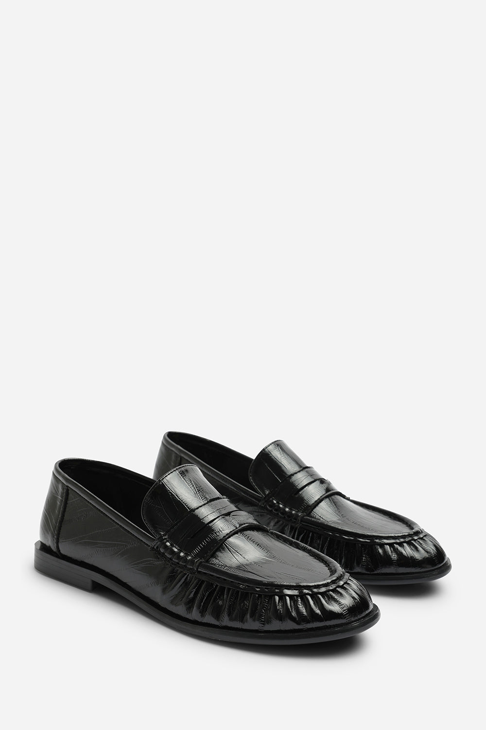 Charleigh Wide Fit Ruched Detail Flat Penny Loafers in Black Eel