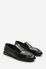 Charleigh Wide Fit Ruched Detail Flat Penny Loafers in Black Eel