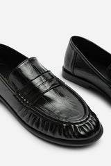 Charleigh Wide Fit Ruched Detail Flat Penny Loafers in Black Eel