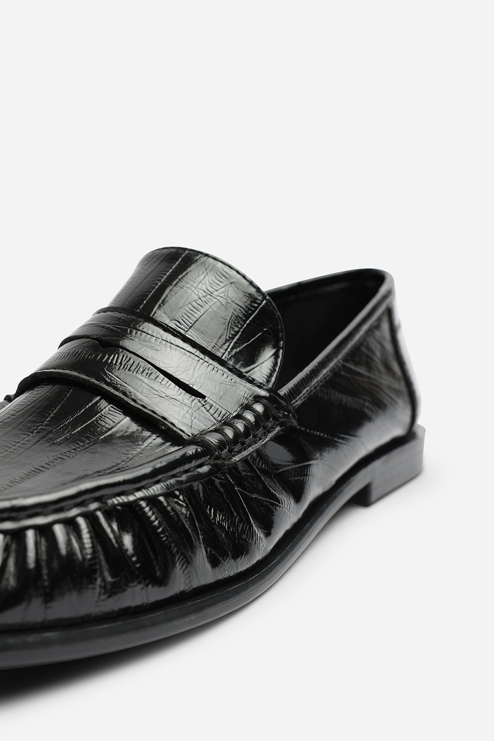 Charleigh Wide Fit Ruched Detail Flat Penny Loafers in Black Eel