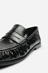 Charleigh Wide Fit Ruched Detail Flat Penny Loafers in Black Eel