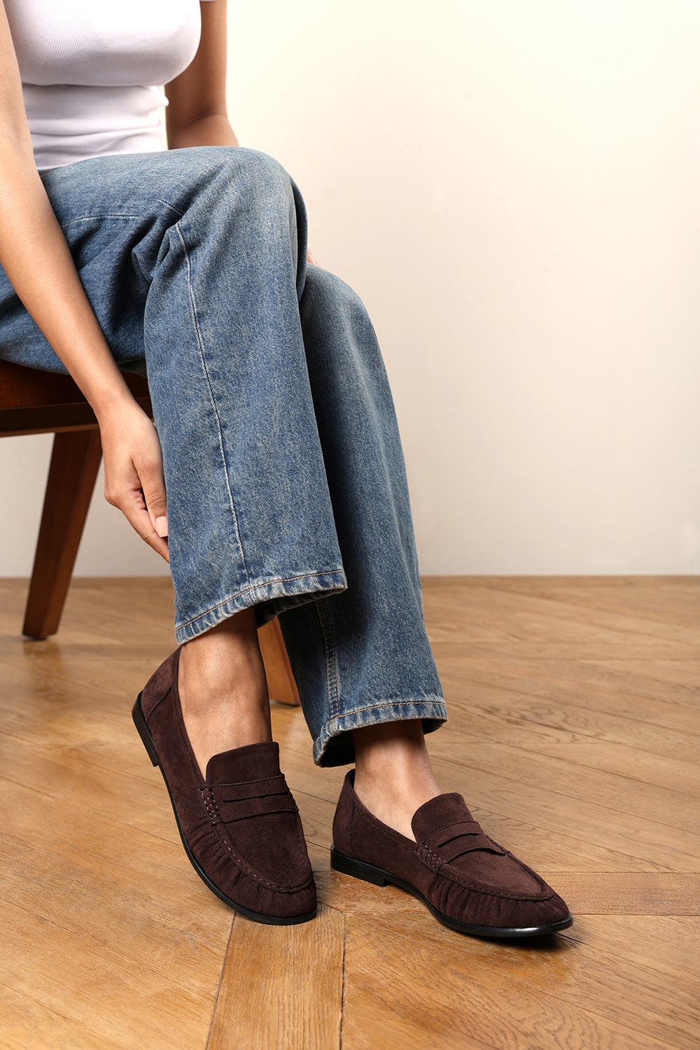 Charleigh Wide Fit Ruched Detail Flat Penny Loafers in Brown Suede