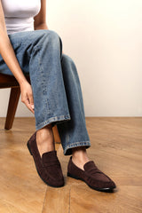 Charleigh Wide Fit Ruched Detail Flat Penny Loafers in Brown Suede