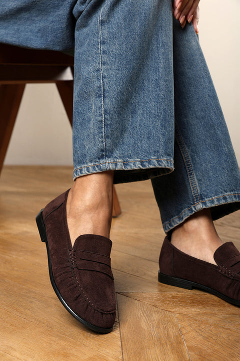 Charleigh Wide Fit Ruched Detail Flat Penny Loafers in Brown Suede