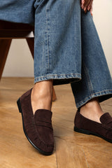 Charleigh Ruched Detail Flat Penny Loafers in Brown Suede