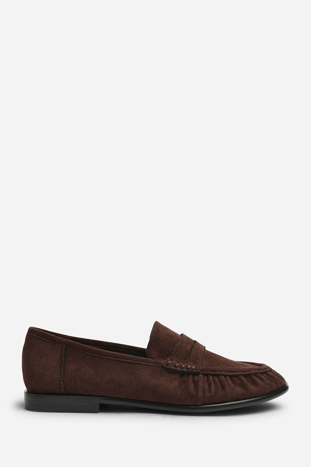 Charleigh Wide Fit Ruched Detail Flat Penny Loafers in Brown Suede