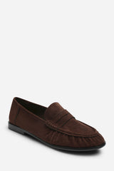 Charleigh Ruched Detail Flat Penny Loafers in Brown Suede
