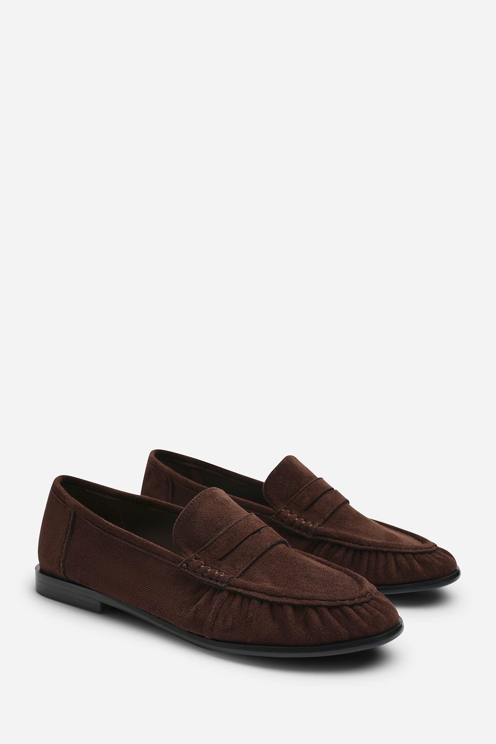 Charleigh Wide Fit Ruched Detail Flat Penny Loafers in Brown Suede