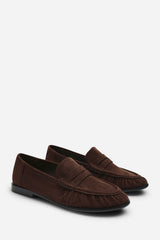 Charleigh Wide Fit Ruched Detail Flat Penny Loafers in Brown Suede