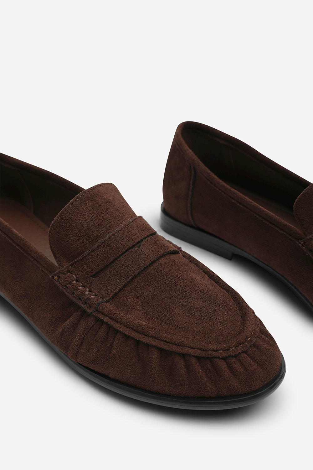 Charleigh Wide Fit Ruched Detail Flat Penny Loafers in Brown Suede