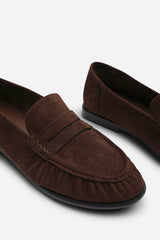 Charleigh Wide Fit Ruched Detail Flat Penny Loafers in Brown Suede