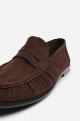 Charleigh Ruched Detail Flat Penny Loafers in Brown Suede