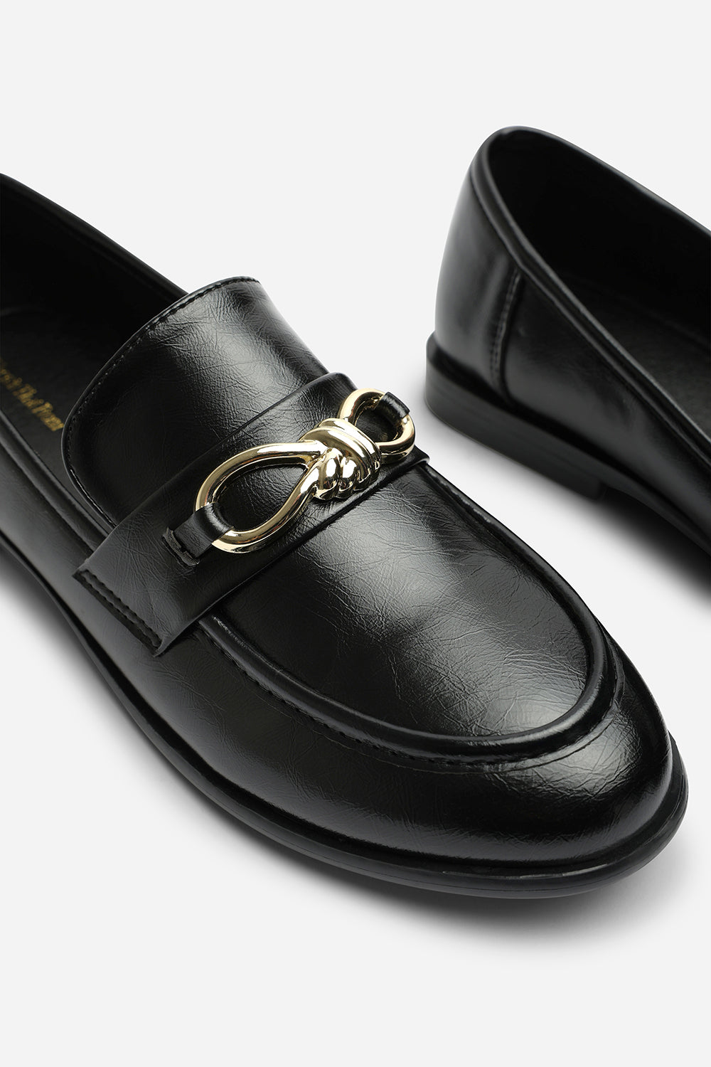Freyja Wide Fit Black Knot Trim Hardware Detail Flat Loafers