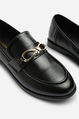 Freyja Wide Fit Black Knot Trim Hardware Detail Flat Loafers