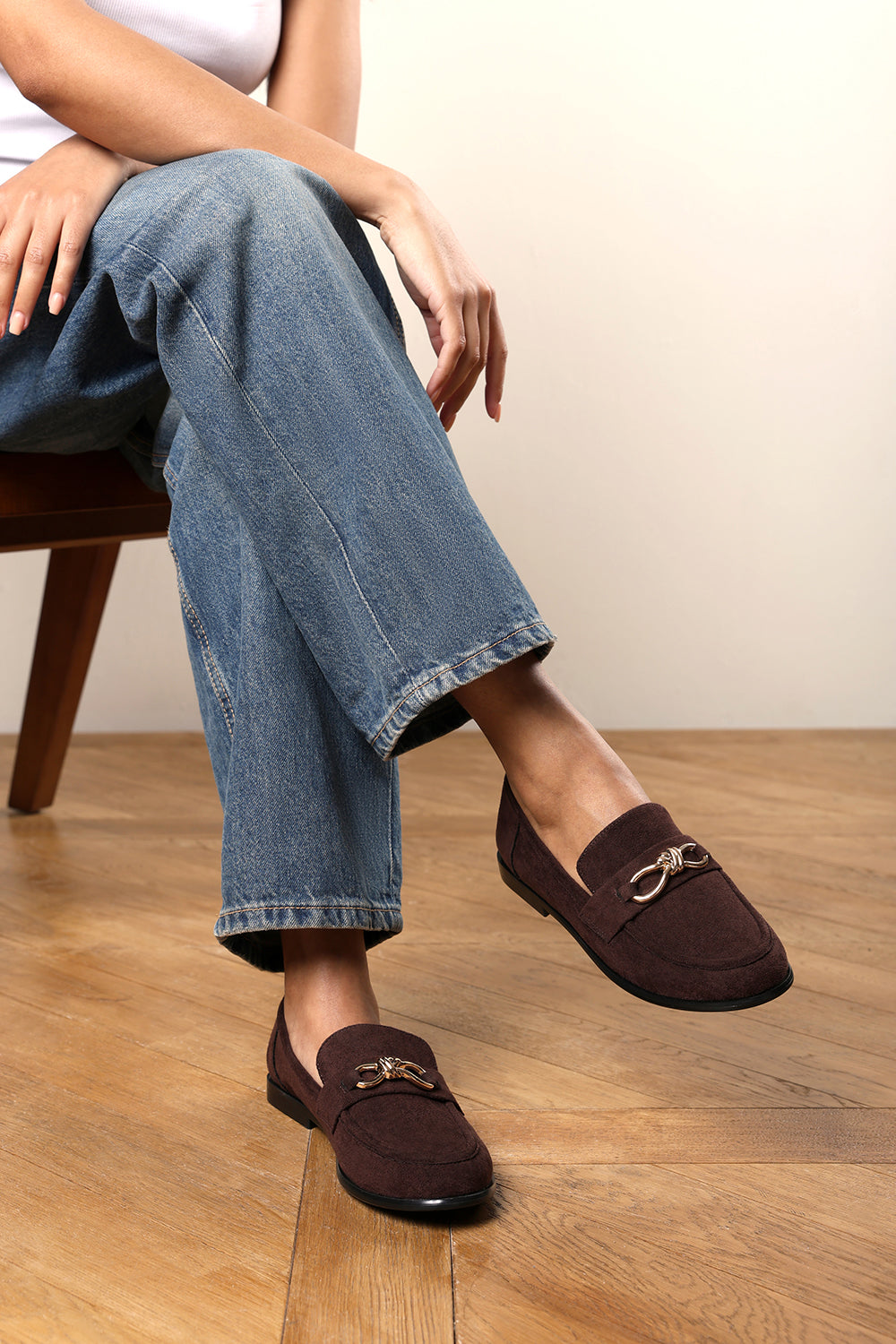 Freyja Wide Fit Knot Trim Hardware Detail Flat Loafers in Brown Suede