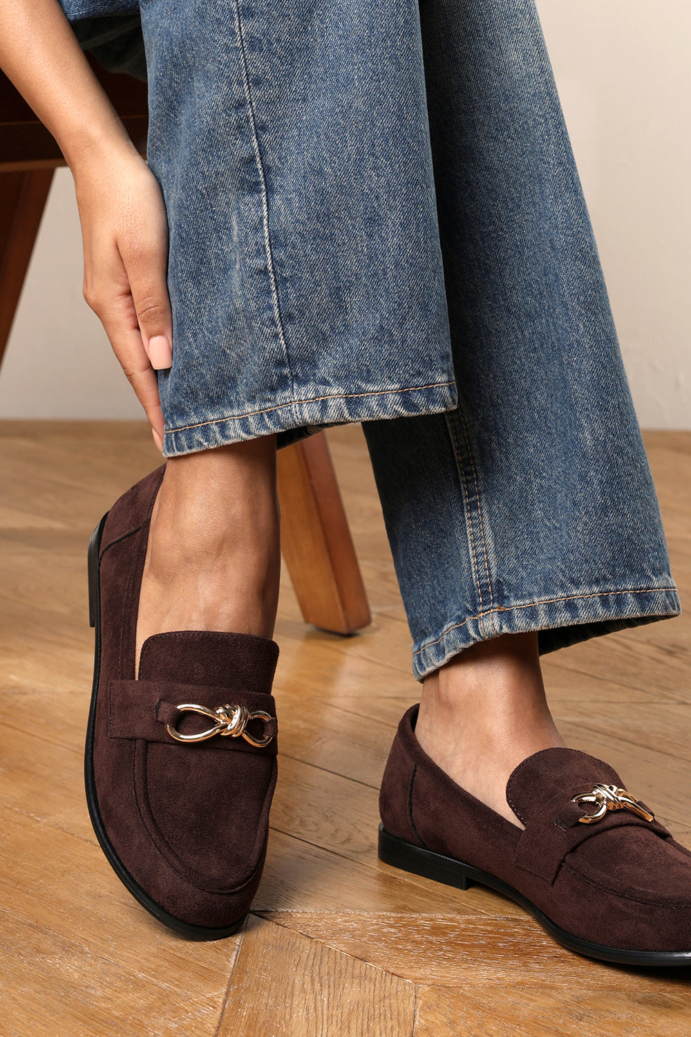 Freyja Wide Fit Knot Trim Hardware Detail Flat Loafers in Brown Suede