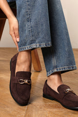 Freyja Knot Trim Hardware Detail Flat Loafers in Brown Suede