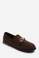 Freyja Knot Trim Hardware Detail Flat Loafers in Brown Suede