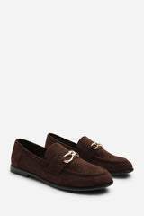 Freyja Wide Fit Knot Trim Hardware Detail Flat Loafers in Brown Suede
